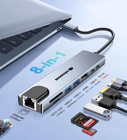 محول USB C Hub Ethernet HDMI، محطة إرساء كمبيوتر محمول 8 في 1 مع 4K HDMI، RJ45 Ethernet 100Mbps، قارئ بطاقة SD/TF، ​​USB 3.0/2.0، PD 100W، LAN USB C Dongle لأجهزة MacBook Pro/Air، iPad Pro، XPS، إلخ in Kuwait