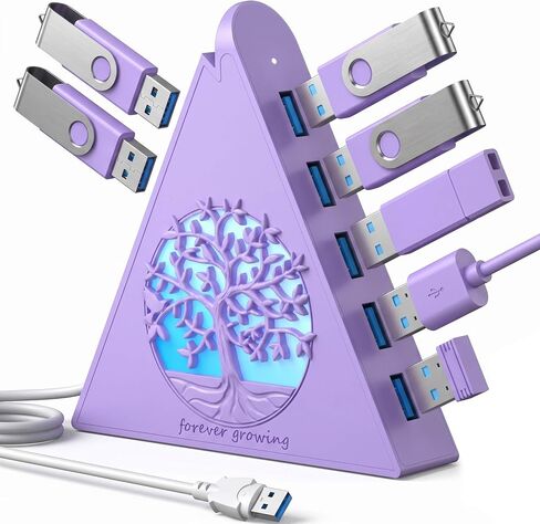 7-Port USB 3.0 Hub, Light Purple Vertical USB Splitter with Tree-Inspired RGB Lights, 5Gbps High-Speed Transfer, 2FT Cable, Compatible with MacBook, PC, Flash Drive, Console, Printer, Camera in Kuwait
