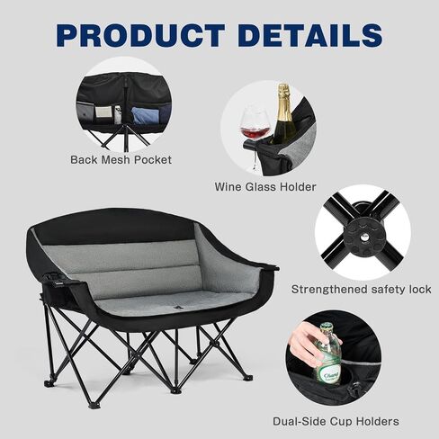 apollo walker Extra Wide Double Camping Chair - Heavy Duty 600lbs Loveseat Camp Couch with Dual Cup Holders & Carry Bag in Kuwait