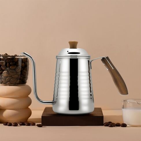 Small & Elegant Stainless Steel Gooseneck Kettle with Wooden Handle and Gift Box – 700ml (24oz) Pour Over Coffee & Tea, Precision Spout for Water Flow Control, Stainless Steel, Durable Polished Finish in Kuwait