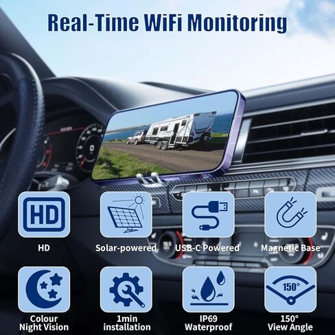 WiFi Magnetic Solar Wireless Backup Camera, 10000mAh Rechargeable 1080P Rear View Camera for Truck RV Trailer Car, DVR Recording Night Vision,Easy Installation with Charging Head in Kuwait