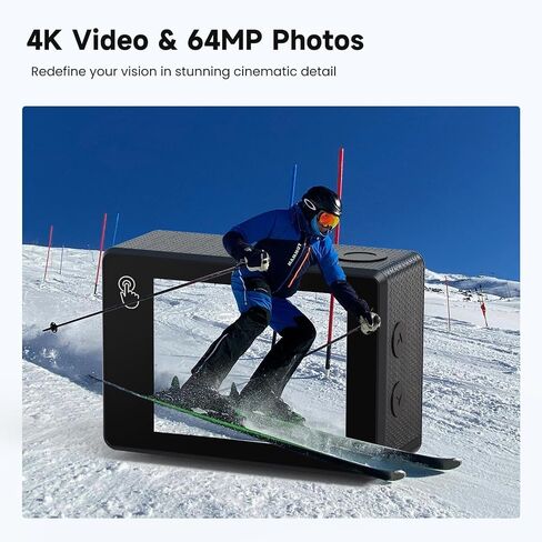 Apexcam Action Camera 4K Touch Screen, 131FT Waterproof Camera Underwater, 60FPS 64MP Sports Camera Helmet for Vlog, WiFi Camcorder, 8X Zoom, Remote Control, 64GB Card,Mount Accessories in Kuwait