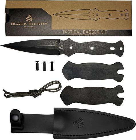 Black Sierra DIY Tactical Dual Edge Knife Making Kit, Build Your Own Fixed Stainless Steel Blade with Leather Sheath, Hobby Project for Camping, Hunting, Survival, Fishing in Kuwait