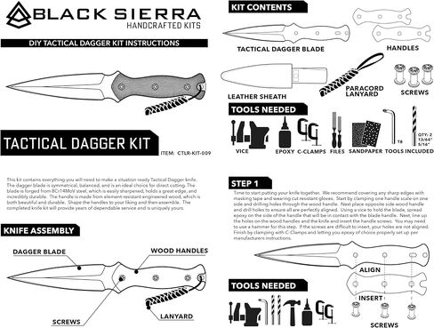 Black Sierra DIY Tactical Dual Edge Knife Making Kit, Build Your Own Fixed Stainless Steel Blade with Leather Sheath, Hobby Project for Camping, Hunting, Survival, Fishing in Kuwait