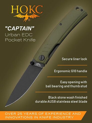 HOKC Captain | 333-580406 | Large and Rugged Knife, Pocket Knife, EDC Knife by Official Dealer - Designed by Russian Master Aleksander Biryukov - Liner Lock, G10 Handle, Innovative Opening Mechanism, Ceramic Double Row Ball Bearing Opening System, Ambidex in Saudi Arabia
