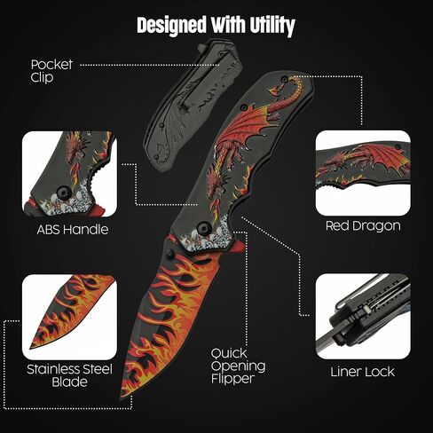 SZCO Supplies 8-Inch Red Dragon Flame Pocket Knife with Clip – Folding Knife with Stainless Steel Blade, Liner Lock, Pocket Clip, EDC Knife for Men, Pocket Knives & Folding Knives for Men in Saudi Arabia