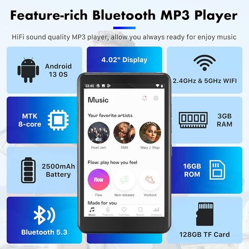 Smart MP3 Player with Android 13 & 4" Touchscreen – 144GB Storage (1TB Expandable), Bluetooth 5.3, WiFi for Spotify, YouTube, HD Video Playback (U1-3G-144G) in Saudi Arabia