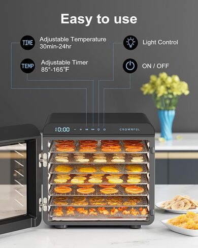 CROWNFUL Food Dehydrator Machine, 7 Stainless Steel Trays, Large Drying Space Dehydrated Dryer, Adjustable Timer and Temperature Control, Dryer for Jerky, Fruit, Meat, Herbs, 30+ Free Online Recipes in Kuwait
