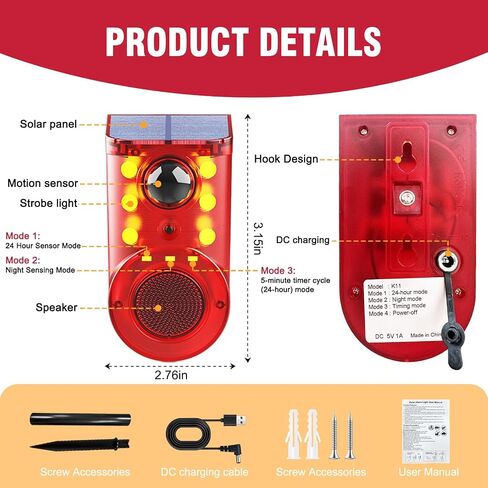 ChunHee Solar Outdoor Motion Sensor Alarm 3 Working Mode Motion Activated Alarm 120dB Loud Sound Noise Maker IP65 Waterproof Motion Detector with Strobe Light for Yard Farm Garden (2PC) in Kuwait