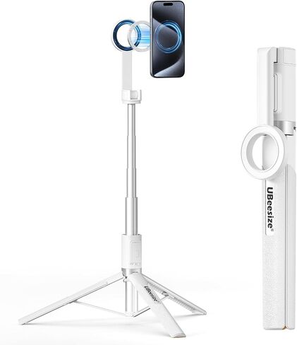 UBeesize Magnetic Tripod for iPhone with Remote, 64’’ Extendable Phone Stand for Video Recording/Vlogging, N52 Strong Holder for iPhone 12-15/Android, Portable Travel Selfie Stick Tripod(White) in Saudi Arabia