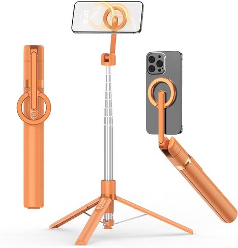 TONEOF Magnetic Selfie Stick Tripod with Aluminum Strong Magnetic Holder for Magsafe, 360° Rotatable Travel Phone Tripod Stand with Metal Ring & Rechargeable Remote for iPhone/Android in Saudi Arabia
