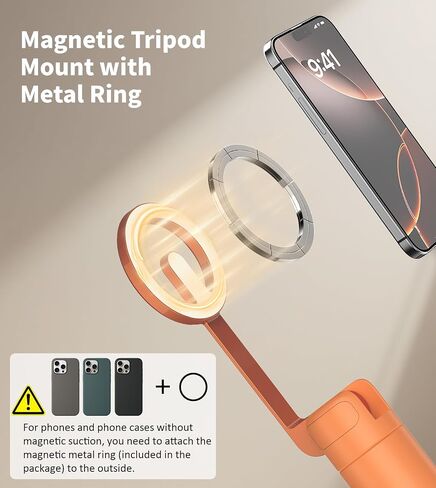 TONEOF Magnetic Selfie Stick Tripod with Aluminum Strong Magnetic Holder for Magsafe, 360° Rotatable Travel Phone Tripod Stand with Metal Ring & Rechargeable Remote for iPhone/Android in Saudi Arabia