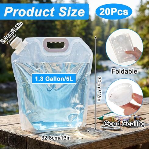 MAQUITA 20 Pcs Emergency Foldable Water Bag, 1.3 Gal Foldable Water Container Bag, 26 Gal Total Clear Plastic Storage for Camping, Hiking, Travel, Emergency, BPA Free, Leakproof, Freezable in Saudi Arabia