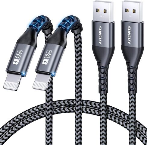 SUNGUY USB-A to Lightning Cable 1FT [2Pack], USB to Lightning Cable for Car, iPhone Charger Cord Nylon Braided Compatible with iPhone 14/13/12/11 Pro Max Mini X XS XR 8 Plus 10 SE iPad in Kuwait