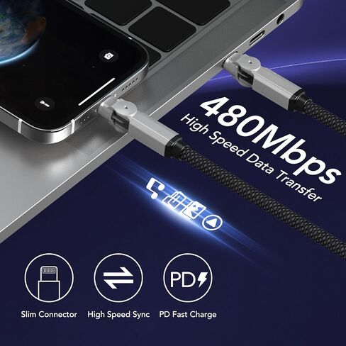 90 Degree USB C to Lightning Cable With 180°Rotating Head, 6FT Fast Charger Power Delivery Type C to Lightning Right Angle Braided Cord, MFi Certified Charger for iPhone 14 13 12 11 X Xs Pro, iPad in Kuwait