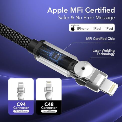 90 Degree USB C to Lightning Cable With 180°Rotating Head, 6FT Fast Charger Power Delivery Type C to Lightning Right Angle Braided Cord, MFi Certified Charger for iPhone 14 13 12 11 X Xs Pro, iPad in Kuwait