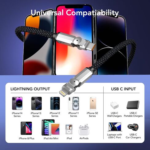 90 Degree USB C to Lightning Cable With 180°Rotating Head, 6FT Fast Charger Power Delivery Type C to Lightning Right Angle Braided Cord, MFi Certified Charger for iPhone 14 13 12 11 X Xs Pro, iPad in Kuwait