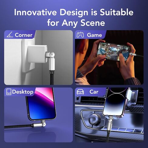 90 Degree USB C to Lightning Cable With 180°Rotating Head, 6FT Fast Charger Power Delivery Type C to Lightning Right Angle Braided Cord, MFi Certified Charger for iPhone 14 13 12 11 X Xs Pro, iPad in Kuwait