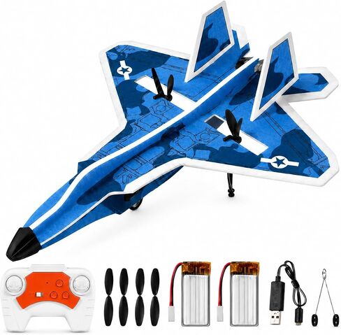 JOI MEW F-16 2CH RC Plane for Beginners, 2.4GHz Remote Control Airplane with LED Lights, 6-Axis Gyro, One-Key Takeoff, 2 Batteries, Crash-Resistant MPP Foam, Gift for Kids Ages 8-12 in Kuwait