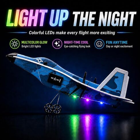 JOI MEW F-16 2CH RC Plane for Beginners, 2.4GHz Remote Control Airplane with LED Lights, 6-Axis Gyro, One-Key Takeoff, 2 Batteries, Crash-Resistant MPP Foam, Gift for Kids Ages 8-12 in Kuwait