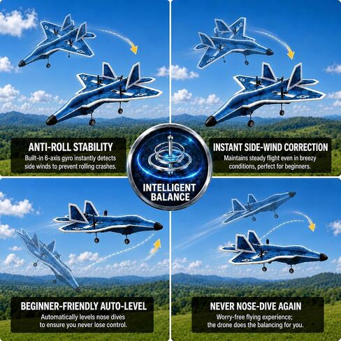 JOI MEW F-16 2CH RC Plane for Beginners, 2.4GHz Remote Control Airplane with LED Lights, 6-Axis Gyro, One-Key Takeoff, 2 Batteries, Crash-Resistant MPP Foam, Gift for Kids Ages 8-12 in Kuwait