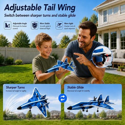 JOI MEW F-16 2CH RC Plane for Beginners, 2.4GHz Remote Control Airplane with LED Lights, 6-Axis Gyro, One-Key Takeoff, 2 Batteries, Crash-Resistant MPP Foam, Gift for Kids Ages 8-12 in Kuwait