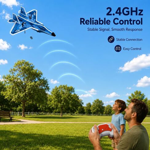 JOI MEW F-16 2CH RC Plane for Beginners, 2.4GHz Remote Control Airplane with LED Lights, 6-Axis Gyro, One-Key Takeoff, 2 Batteries, Crash-Resistant MPP Foam, Gift for Kids Ages 8-12 in Kuwait