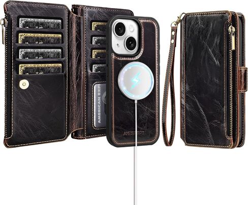 Antsturdy Compatible with iPhone 14 Wallet Case RFID Blocking,PU Leather Phone Case Women Men Flip Shockproof Cover with Wrist Strap Zipper Pocket Credit Card Holder Slots,for Apple 14 6.1" Wine Red in Saudi Arabia