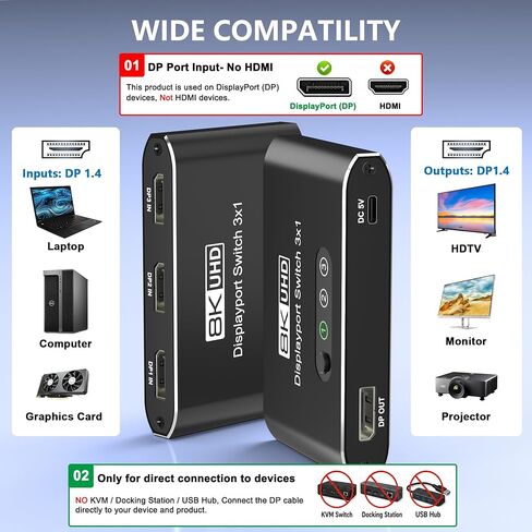 محول DisplayPort 3 في 1 مخرج 8K@60 هرتز، محول DP يوصل 3 أجهزة كمبيوتر بشاشة واحدة، محدد DisplayPort 1.4 3×1، محول زر يدوي لسطح المكتب/GPU/الكمبيوتر المحمول - اتصال مباشر فقط (بدون قاعدة توصيل/KVM) in Kuwait