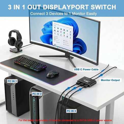 محول DisplayPort 3 في 1 مخرج 8K@60 هرتز، محول DP يوصل 3 أجهزة كمبيوتر بشاشة واحدة، محدد DisplayPort 1.4 3×1، محول زر يدوي لسطح المكتب/GPU/الكمبيوتر المحمول - اتصال مباشر فقط (بدون قاعدة توصيل/KVM) in Kuwait