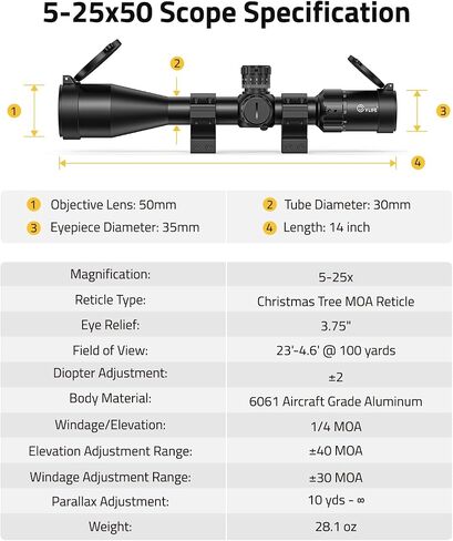 CVLIFE BearPower 5-25x50 FFP Rifle Scope - First Focal Plane with MOA Illuminated Reticle, Zero Stop, Parallax Adjustment, Scope Rings - Long Range Hunting Scope 30mm Tube in Saudi Arabia