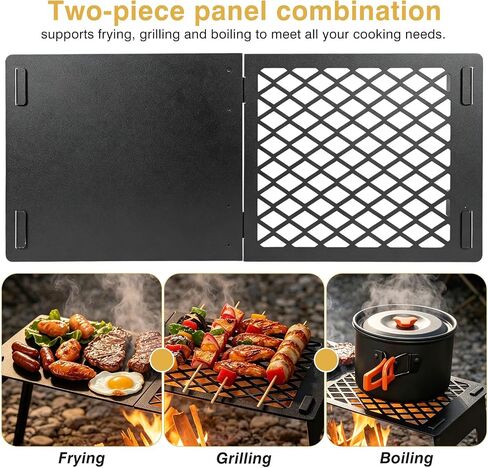 Campfire Grill Grate with Flat Griddle & Steel Mesh Panel, Heavy Duty Folding Over Fire Pit Grill Table with Bag for Outdoor Camping BBQ in Saudi Arabia