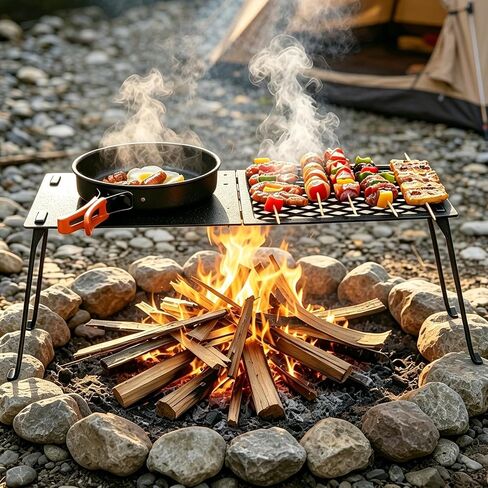 Campfire Grill Grate with Flat Griddle & Steel Mesh Panel, Heavy Duty Folding Over Fire Pit Grill Table with Bag for Outdoor Camping BBQ in Saudi Arabia