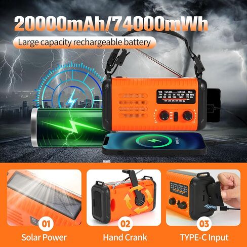 Emergency Weather Radio 20000mAh, Solar Hand Crank Radio NOAA/AM/FM Orange in Kuwait