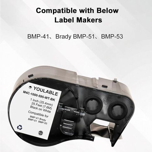 متوافق مع ملصق Brady (M4C-1000-595-WT-BK) من الفينيل المناسب لجميع الأحوال الجوية، بعرض 2.54 سم × 25 قدمًا مناسب لـ BMP-41، Brady BMP-51، BMP-53 PC مرتبط (أسود وأبيض) in Kuwait
