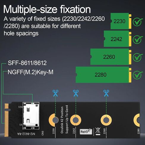 محول M.2 NVMe M-Key إلى OCuLink SFF-8611/SFF-8612 PCIe 4.0 x4، محول عمودي 2280 NGFF SlimSAS، بطاقة توسيع Gen4 لـ Mini ITX، NUC، الكمبيوتر المكتبي، Server U.2 NVMe SSD (الطراز C) in Kuwait