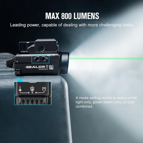 OLIGHT Baldr S 800 لومن مدمج للسكك الحديدية مع شعاع أخضر وحزمة كومبو LED بيضاء 43X Mos Rail Mount in Kuwait