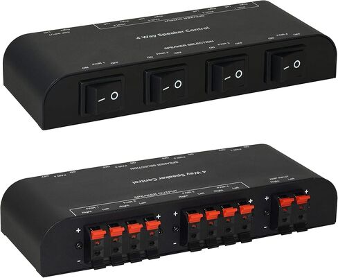 61048 2 to 4 Way Speaker Switch, 1 in 2 Out to 1 in 4 Out Way Pair Stereo Speaker Selector W/Terminal Clamps Metal Non-Slip Box - Black (1 x 2 Way) in Kuwait