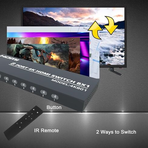 صندوق اختيار KAGO 8 منافذ HDMI 4K@30 هرتز مع جهاز تحكم عن بعد بالأشعة تحت الحمراء in Kuwait