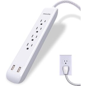 Philips 4 Outlet Power Strip Surge Protector with 2 USB Ports, 4 Ft Power Cord, Designer Braided Extension Cord, Flat Plug Extension Cord, 720 Joules, White, SPC6244WC/37 in Saudi Arabia