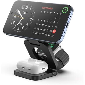 KU XIU Fast Wireless Charger, Magnetic Foldable 3 in 1 Charging Station for iPhone 17/16/15/14/13/12/Pro/Plus/Pro Max, 5W Portable Charger for Apple Watch10/9/8/7/6/5/4/3/SE, for Airpods3/2/Pro-Black in Saudi Arabia