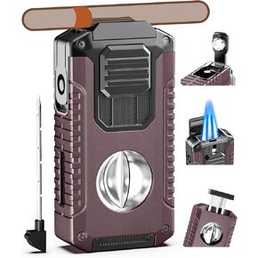 5-in-1 Butane Torch Lighter with Triple Jet Flame, Built-in Straight Cutter, Holder, Punch, Draw Enhancer, Cool Refillable Butane Lighter, Adjustable Windproof Lighters, Gifts for Men, Candle, Travel in Kuwait