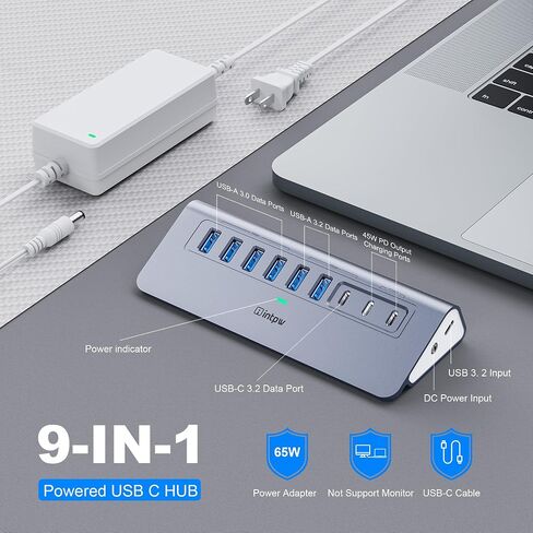 موزع USB يعمل بسرعة 10 جيجابت في الثانية، موزع USB بـ 9 منافذ intpw YH6AC مع USB A/USB C 3.2، 4 USB 3.0، 2 منافذ شحن PD 45 وات، محول طاقة 65 وات + كابل 3.3 قدم، محور موسع USB من الألومنيوم لأجهزة الكمبيوتر المحمول والكمبيوتر الشخصي وiPhone 17/16 in Kuwait