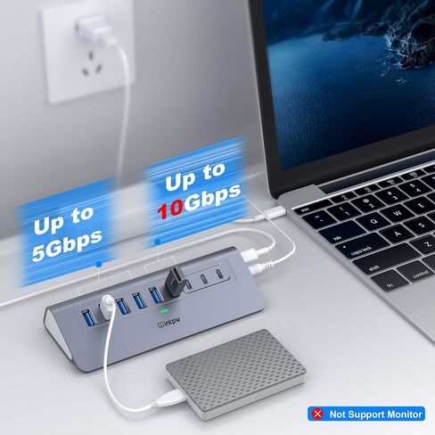 موزع USB يعمل بسرعة 10 جيجابت في الثانية، موزع USB بـ 9 منافذ intpw YH6AC مع USB A/USB C 3.2، 4 USB 3.0، 2 منافذ شحن PD 45 وات، محول طاقة 65 وات + كابل 3.3 قدم، محور موسع USB من الألومنيوم لأجهزة الكمبيوتر المحمول والكمبيوتر الشخصي وiPhone 17/16 in Kuwait