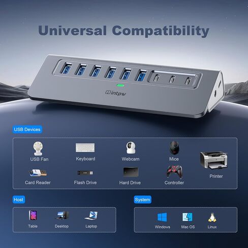 موزع USB يعمل بسرعة 10 جيجابت في الثانية، موزع USB بـ 9 منافذ intpw YH6AC مع USB A/USB C 3.2، 4 USB 3.0، 2 منافذ شحن PD 45 وات، محول طاقة 65 وات + كابل 3.3 قدم، محور موسع USB من الألومنيوم لأجهزة الكمبيوتر المحمول والكمبيوتر الشخصي وiPhone 17/16 in Kuwait