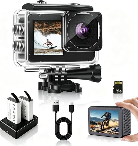 Action Camera 1080P FHD 16MP Underwater Camera with 2" & 1.3" Dual Screen, 131FT/40M Waterproof Vlogging Camera for Sports, Includes 16GB Card, 2x1050mAh Batteries & Mounting Accessories(black) in Saudi Arabia