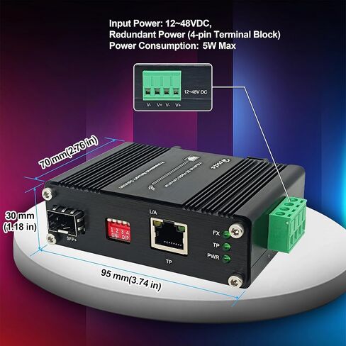 Industrial 10G Ethernet Media Converter, Hardened Fiber Optical Transceiver 10/5/2.5G/1G/100BASE-T RJ45 to 10GBASE-X SFP+, 12~48VDC Redundant Power Input, IP40 Aluminum, DIN-Rail, 16K Jumbo Frame in Kuwait