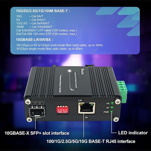 Industrial 10G Ethernet Media Converter, Hardened Fiber Optical Transceiver 10/5/2.5G/1G/100BASE-T RJ45 to 10GBASE-X SFP+, 12~48VDC Redundant Power Input, IP40 Aluminum, DIN-Rail, 16K Jumbo Frame in Kuwait