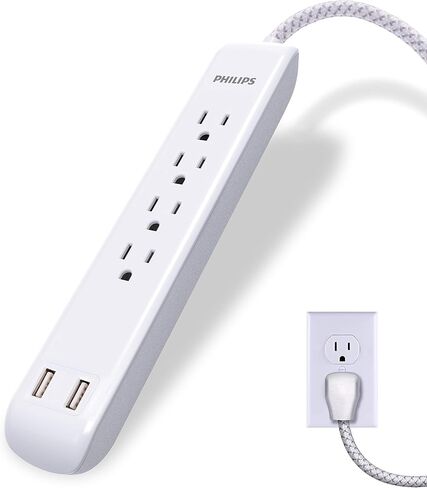 Philips 4 Outlet Power Strip Surge Protector with 2 USB Ports, 4 Ft Power Cord, Designer Braided Extension Cord, Flat Plug Extension Cord, 720 Joules, White, SPC6244WC/37 in Saudi Arabia