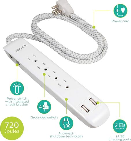 Philips 4 Outlet Power Strip Surge Protector with 2 USB Ports, 4 Ft Power Cord, Designer Braided Extension Cord, Flat Plug Extension Cord, 720 Joules, White, SPC6244WC/37 in Saudi Arabia